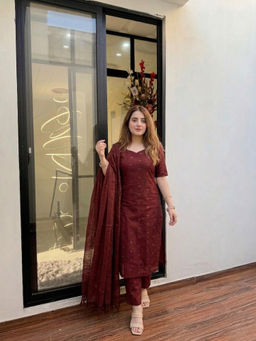 Aaghnya - Maroon Woven Viscose Rayon Kurta and Pant with Dupatta