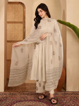 Aaghnya - Beige Printed Viscose Blend Kurta and Pant with Dupatta