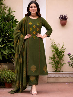 Aaghnya - Green Printed Viscose Rayon Kurta and Pant with Dupatta