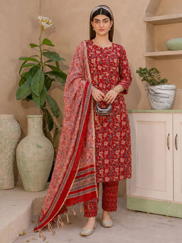 Aaghnya - Red Floral Viscose Rayon Kurta and Pant with Dupatta