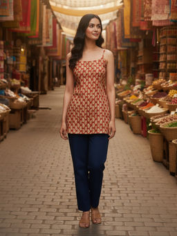 Aaghnya - Red Printed Viscose Rayon Regular Kurta