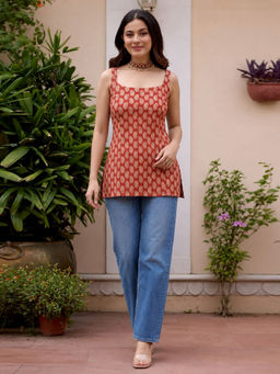 Aaghnya - Red Printed Viscose Rayon Regular Kurta