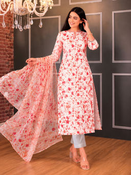 Aaghnya - White Floral Viscose Rayon Kurta and Pant with Dupatta