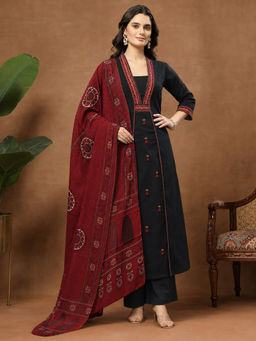 Aaghnya - Black Embroidered Viscose Rayon Kurta and Pant with Dupatta