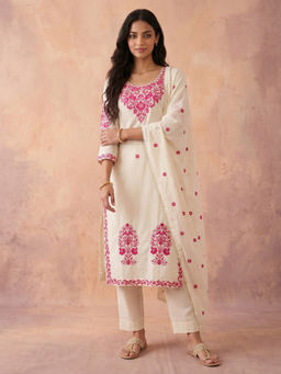 Aaghnya - Cream Embroidered Viscose Rayon Kurta and Pant with Dupatta
