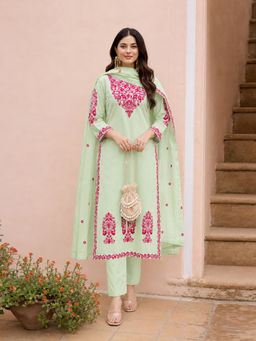 Aaghnya - Green Embroidered Cotton Blend Kurta and Pant with Dupatta