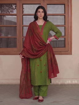 Aaghnya - Green Embroidered Viscose Rayon Kurta and Pant with Dupatta