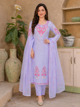 Aaghnya - Lavender Embroidered Cotton Blend Kurta and Pant with Dupatta