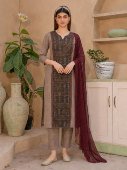Aaghnya - Brown Printed Viscose Blend Kurta and Pant with Dupatta