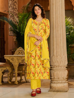 Aaghnya - Yellow Floral Viscose Rayon Kurta and Pant with Dupatta