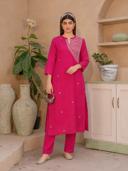 Aaghnya - Pink Embroidered Viscose Rayon Regular Kurta and Pant