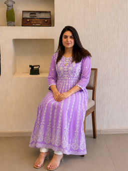 Aaghnya - Purple Embroidered Viscose Rayon Regular Kurta