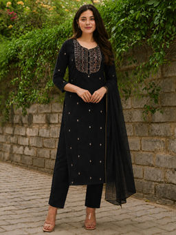 Aaghnya - Black Embroidered Viscose Rayon Kurta and Pant with Dupatta