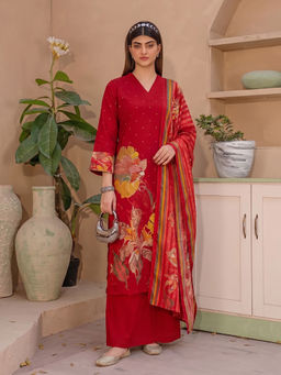Aaghnya - Red Floral Viscose Rayon Kurta and Palazzo and Dupatta