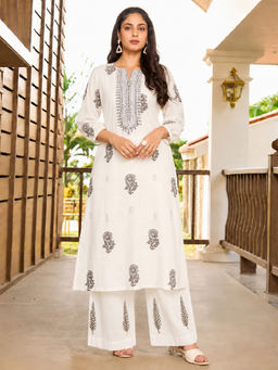 Aaghnya - White Printed Viscose Rayon Regular Kurta and Palazzo