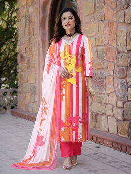 Aaghnya - Pink Stripes Viscose Rayon Kurta and Pant with Dupatta