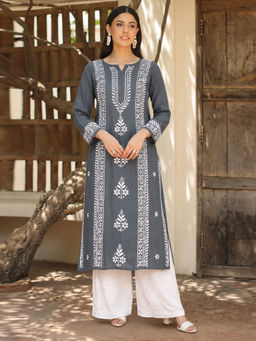 Aaghnya - Grey Embroidered Viscose Rayon Regular Kurta