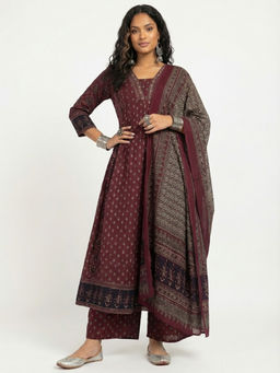 Aaghnya - Wine Printed Viscose Rayon Kurta and Palazzo and Dupatta