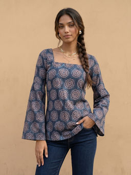 Aaghnya - Navy Blue Printed Viscose Rayon Regular Kurta