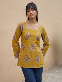 Aaghnya - Mustard Printed Viscose Blend Regular Kurti
