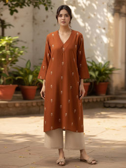 Aaghnya - Rust Printed Viscose Rayon Regular Kurta and Palazzo