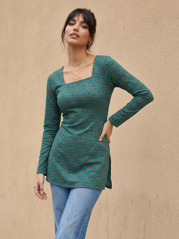 Aaghnya - Green Printed Viscose Rayon Regular Kurta