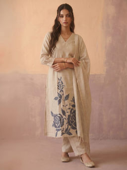 Aaghnya - Cream Floral Polycotton Kurta and Pant with Dupatta
