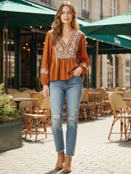 Aaghnya - Brown Embroidered Viscose Rayon Regular Top