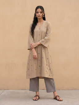 Aaghnya - Beige Printed Viscose Rayon Regular Kurta and Palazzo