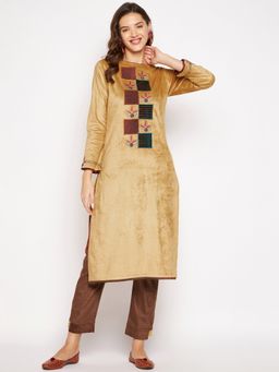 ZIGO - Womens Mustard Embroidered Full Sleeve Kurta Pants (Set of 2)