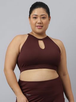 Fitkin - Plus Size Halter Neck High Support Chocolate Brown Sports Bra