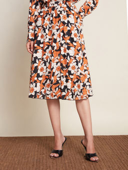 Twenty Dresses by Nykaa Fashion - Work Black And Rust Floral A Line Pleated Skirt