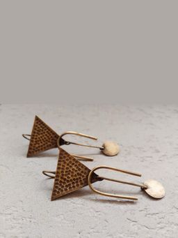 Studio Anviksha - Gold Triangular Earrings With Horse Shoe And Disc Embellishments
