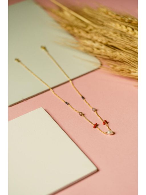 Studio Anviksha Gold Grey Pearl, Coral And Labradorite Necklace