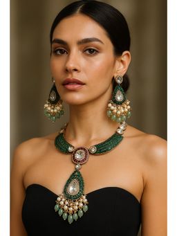 Kare Kraft - Green Emerald Kundan Royale Long Pendant Set