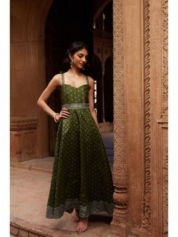 Ahalyaa - Womens Olive Poly Silk Silver Foil Printed Dress