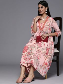 Ahalyaa - Women Pink Floral Printed Pleated Kurta with Palazzo (Set of 2)