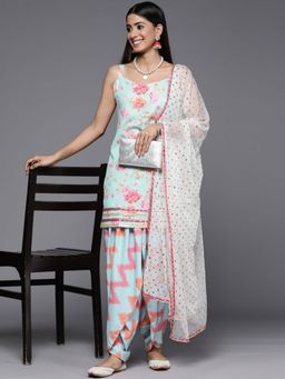 Ahalyaa - Women Sky Blue Floral Printed Gota Patti Kurti with Dhoti Pants with Dupatta (Set of 3)