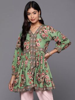 Ahalyaa - Women Floral Balloon Sleeve V-Neck Green Tunic
