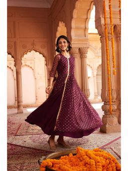 Ahalyaa - Women Burgundy Polka Dots Fit & Flare Maxi Ethnic Dress