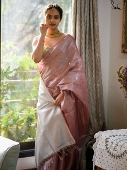 Suta - Light Pink & Silver Linen Zari Saree without Blouse