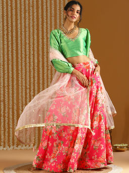 Gajra Gang - Bageecha Green & Pink Floral Printed Lehenga Choli & Dupatta GGLEH19 (Set of 3)