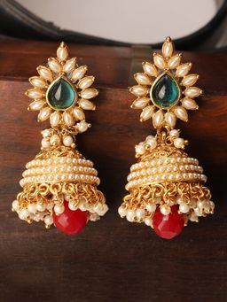 Anika's Creations - Elegant off White Pearl and Stone Designer Gold Plated Multicolour Drop Jhumka