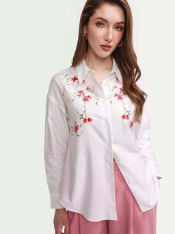 RAREISM - Aerie White Cotton Full Sleeve Oversize Fit Floral Print Shirt
