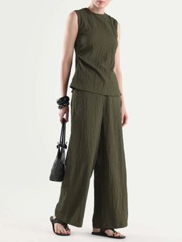 RAREISM - Women Arrix-B Olive Polyester Wide Textured Trouser