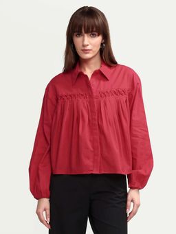 RAREISM - Aveny Red Cotton Full Sleeve Boxy Plain Shirt