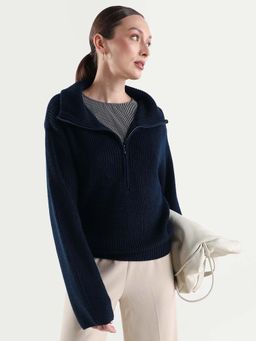 RAREISM - Women Camillo Navy Blue Acrylic High Neck Relaxed Fit Plain Sweater