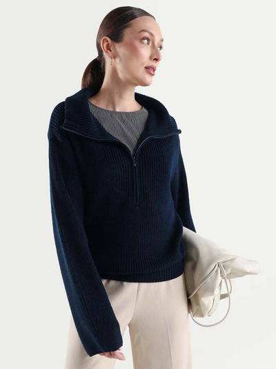 Women Camillo Navy Blue Acrylic High Neck Relaxed Fit Plain Sweater