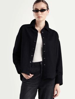 RAREISM - Deniro Black Cotton Spread Collar Boxy Plain Shirt