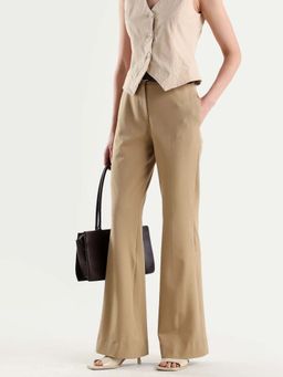 RAREISM - Women Frare Khaki Polyester Blend Fabric Bootcut Plain Trouser